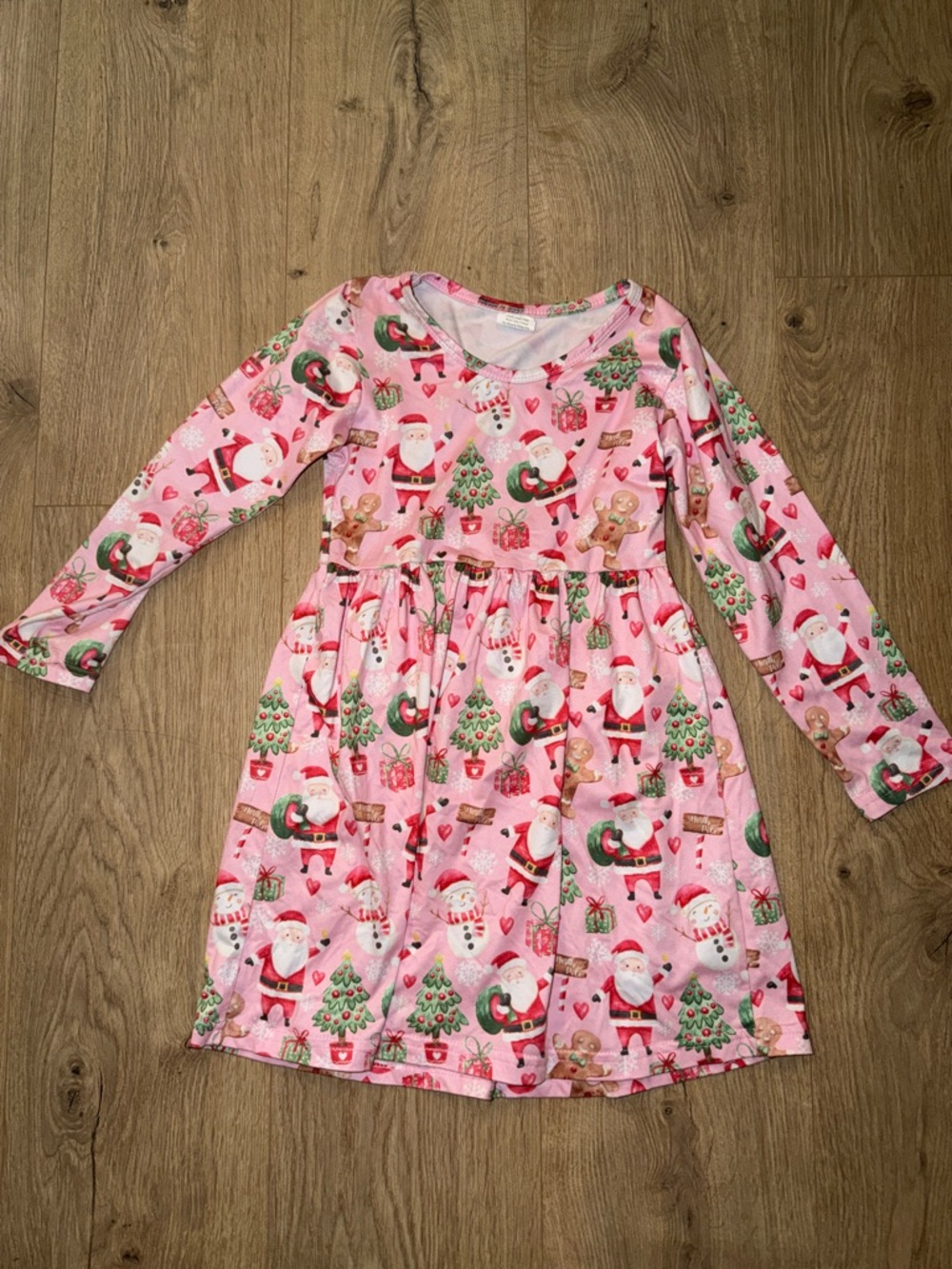 Girls Pink Christmas Santa Print Long Sleeve Pajama Dress